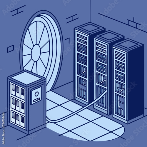 Vector art of illustration depicting data servers inside a vault, symbolizing secure data storage and protection, highlighting the importance of data security and privacy in a digital world