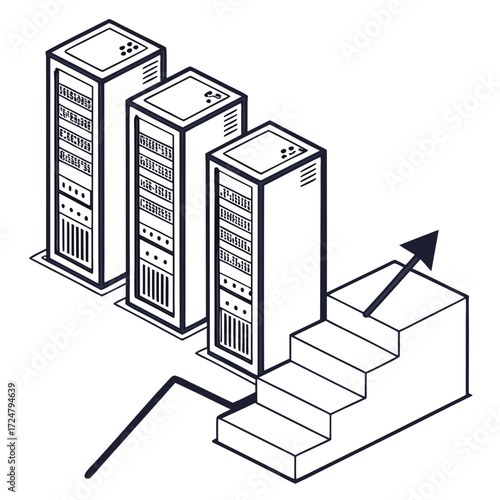 Vector art of illustration depicting data servers with an upwardtrending line and stairs, symbolizing growth and progress in data management and technology
