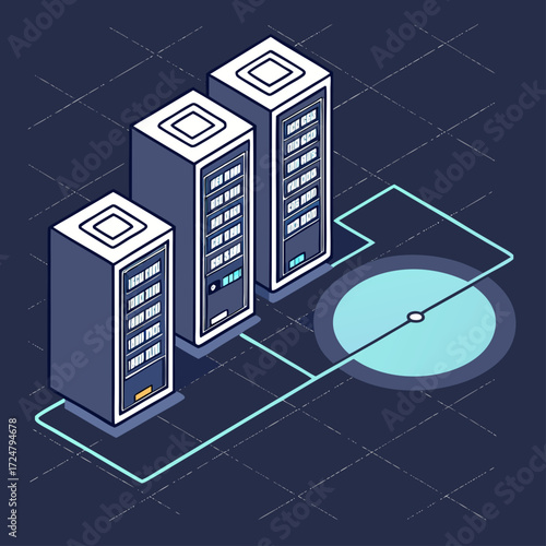 Vector art of illustration depicting data servers connected to a central point, symbolizing data connectivity and network infrastructure, highlighting the importance of data flow