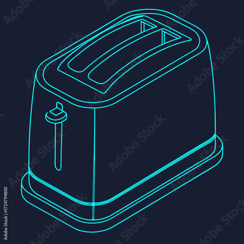 Vector art of isometric illustration of a toaster with a blue outline, showcasing kitchen appliance design and modern technology