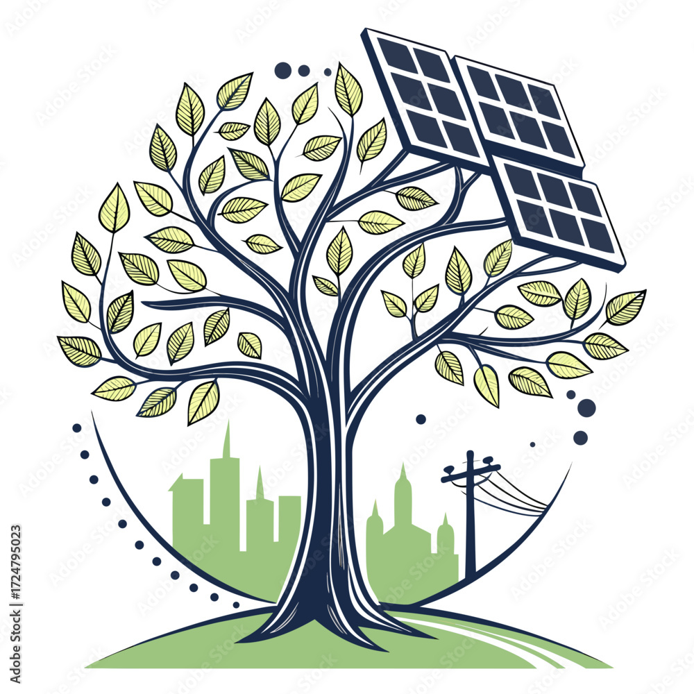 Obraz premium Vector art of a tree with solar panels as leaves, symbolizing renewable energy and sustainability, with a city skyline in the background, a concept for green technology