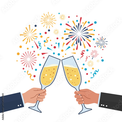 Celebrating success with a champagne toast and vibrant fireworks in a vector illustration