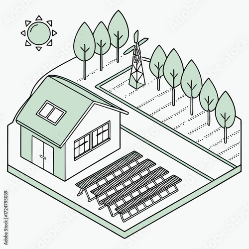 Vector art of isometric illustration of a house with solar panels, wind turbine, and trees, representing sustainable living and renewable energy, perfect for ecofriendly themes