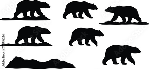 Bear silhouette, walking pose, wildlife movement, mountain terrain, nature scene, animal behavior, black illustration, forest life, rugged habitat, outdoor concept