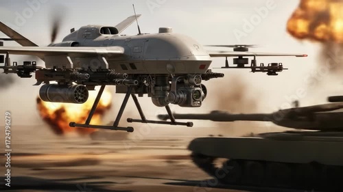 Military drone in flight firing weapons on desert battlefield, advanced technology concept.