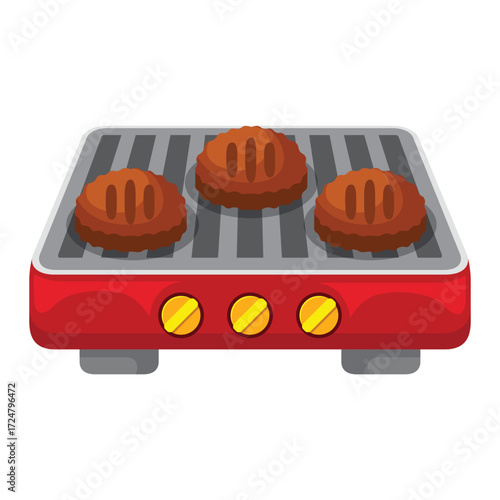 Red electric grill with three burgers cooking