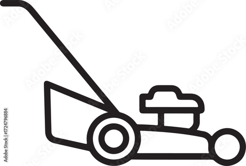 Simple line art icon of a push lawn mower on white background