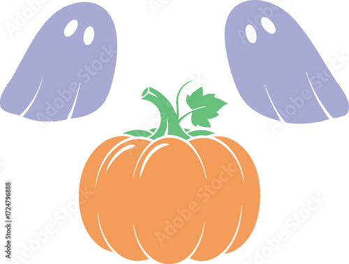two confused ghosts pastel lavender with light orange pumpkin minimalist flat halloween vector