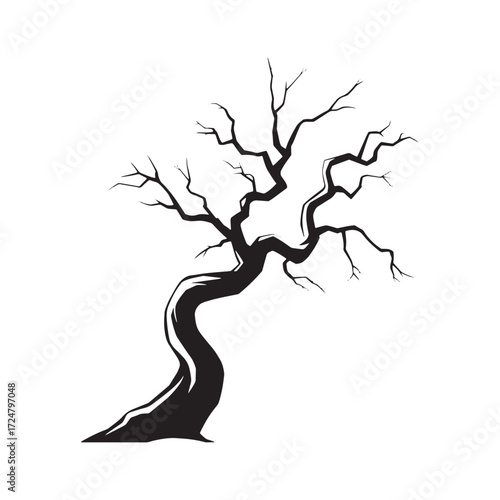 Silhouette of a Bare Tree with Twisted Trunk and Branching Limbs Against a Plain White Backdrop Depicting Loneliness