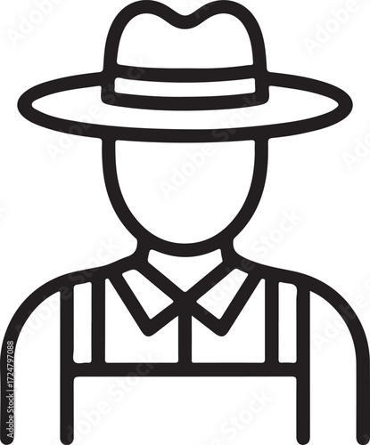 Stylized outline icon of a farmer wearing a hat and overalls