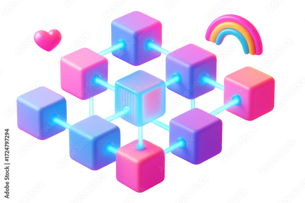 Obraz premium Vibrant pastel 3D cubes connected by glowing lines with heart and rainbow shapes, isolated on clean white background, concept of technology. Ai generative