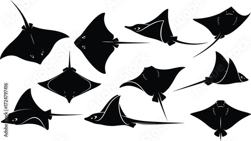 Manta ray silhouette, swimming pose, marine animal, ocean life, underwater motion, aquatic creature, black illustration, graceful movement, sea wildlife,
