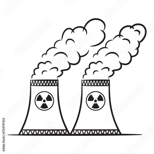 Stylized Nuclear Power Plant Illustration Emitting Fumes Depicting Environmental Issues Related to Energy Production and Potential Hazards