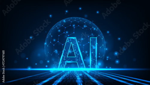 Technology artificial internet text AI letters in line hexagonal network blue background