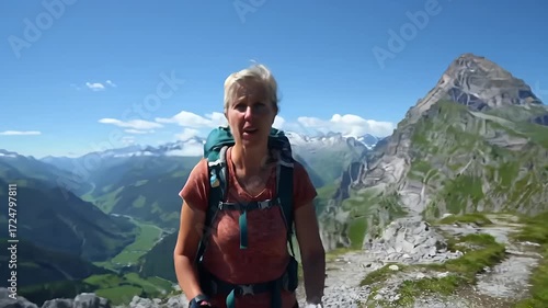 Woman hiking mountain trail with backpack, scenic view