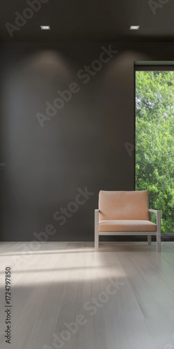 Wallpaper Mural Modern interior design featuring a minimalist chair and large window with greenery during daytime Torontodigital.ca