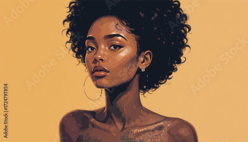 Vector portrait poster illustration afro black woman pose sideways curly hairstyle avatar for social media, Ai Generate 