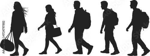 Silhouette people walking with bags, backpack and duffel, casual postures, vector illustration for travel, commute, lifestyle, urban, motion themes