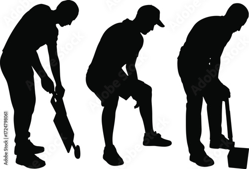 Silhouette workers, manual labor, lifting box, pushing cart, crouching posture, physical effort, occupational task, inspection, movement, tools, job, work, action