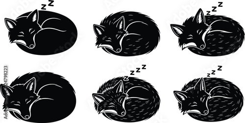 Sleeping fox illustration, curled pose, animal silhouette, peaceful rest, black and white, fur texture, artistic style, calm, nap, nature, wildlife