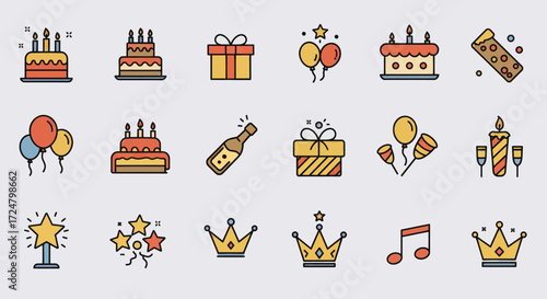 Set of birthday celebration and party vector icons including cakes, gifts, balloons, and crowns for festive design