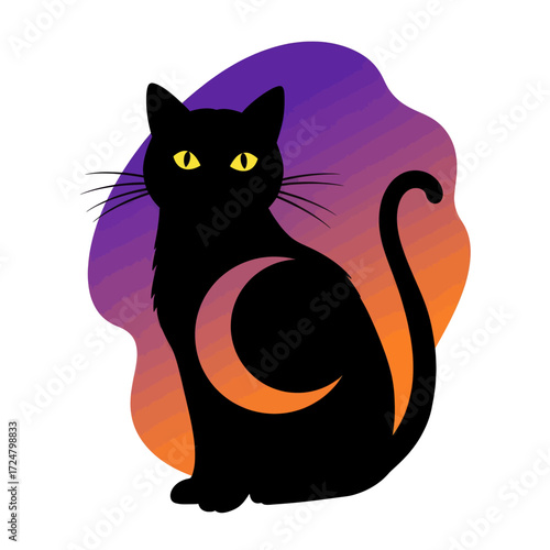 Mystical Black Cat with Crescent Moon Silhouette on Gradient Background - Vector Illustration
