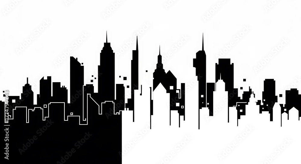 Obraz premium Abstract cityscape silhouette, showcasing a modern metropolis with a graphic design aesthetic, featuring black shapes on a white background.