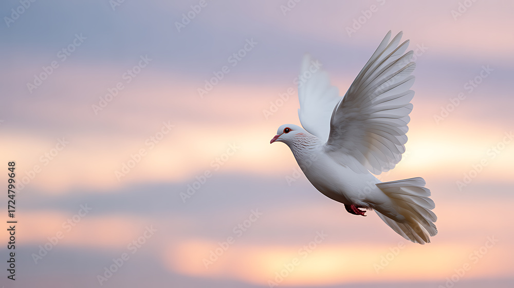 Fototapeta premium White dove in flight against a soft sunset sky