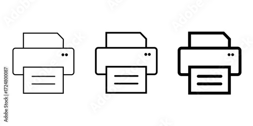 Set of modern minimal outline printer icons with document output on transparent background, vector illustration for technology, office, business, and communication interfaces