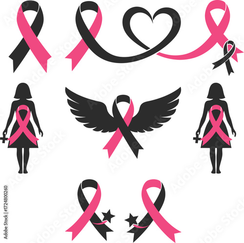Creative Pink Ribbon Graphics with Angel Wings and Stars