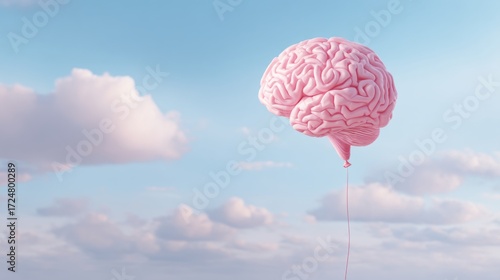 Pink brain balloon floating in a blue sky with clouds representing ideas and imagination
