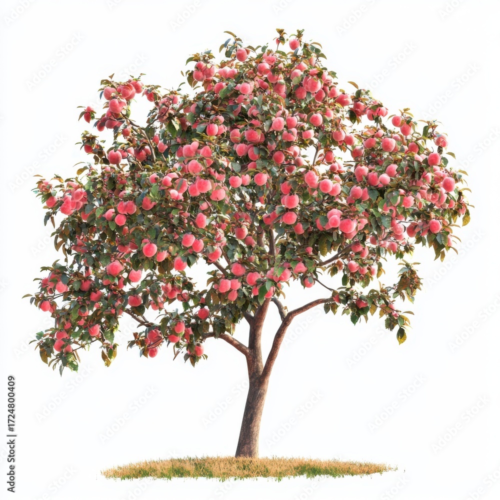 Fototapeta premium Lush Apple Tree with Red Fruits in Bright White Background