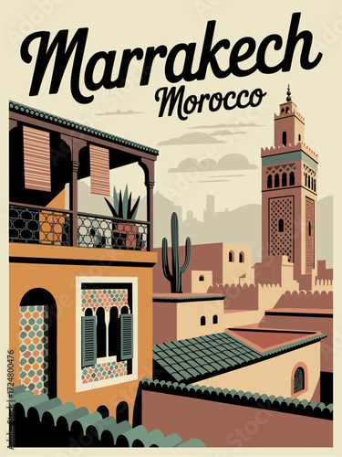 Marrakech Morocco travel poster in retro vintage style featuring iconic architecture and desert tones, vector illustration perfect for wall art, prints, souvenirs, and decor