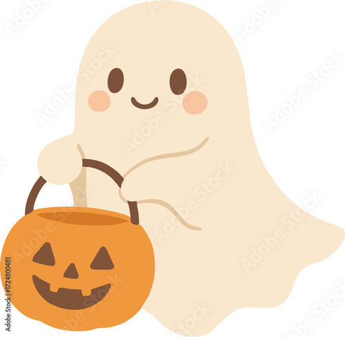 Cute ghost floating with Halloween pumpkin basket for Trick or Treat. Funny spooky boo character. Spook phantom with happy smiling face expression. Isolated kids flat vector illustration.