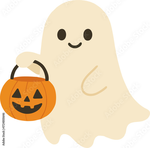 Cute ghost floating with Halloween pumpkin basket for Trick or Treat. Funny spooky boo character. Spook phantom with happy smiling face expression. Isolated kids flat vector illustration.