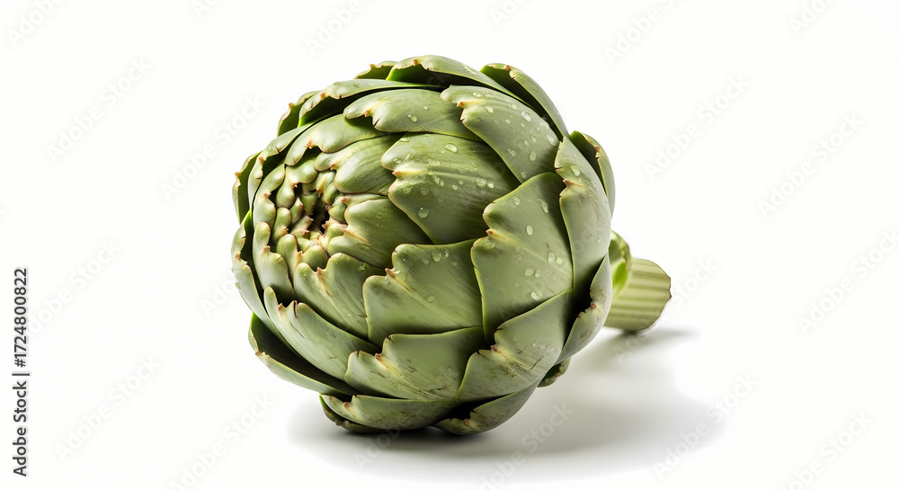 Fototapeta premium A fresh, green artichoke with layered leaves and a visible stem, isolated on a white background, showcasing its intricate texture and natural form.