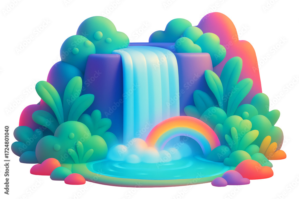Fototapeta premium Colorful fantasy waterfall with rainbow, stylized cartoon-style foliage and hills on isolated white background. Concept of magical nature. Ai generative