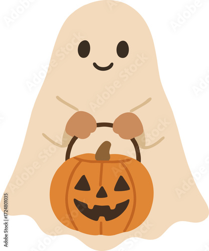 Cute ghost floating with Halloween pumpkin basket for Trick or Treat. Funny spooky boo character. Spook phantom with happy smiling face expression. Isolated kids flat vector illustration.