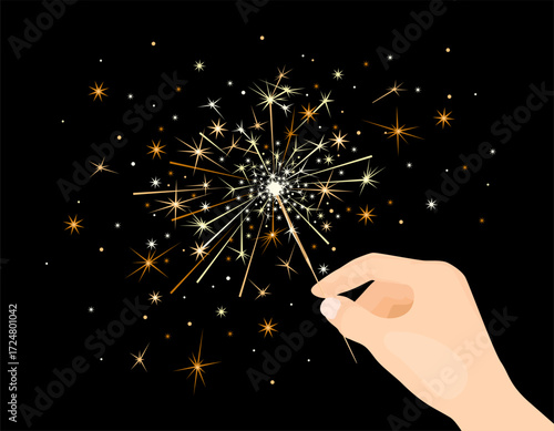 Hand holding beautiful sparkler isolated on dark background. Vector cartoon flat illustration. Christmas design.