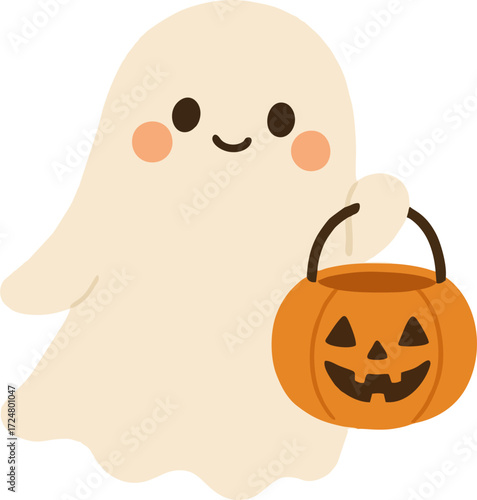 Cute ghost floating with Halloween pumpkin basket for Trick or Treat. Funny spooky boo character. Spook phantom with happy smiling face expression. Isolated kids flat vector illustration.