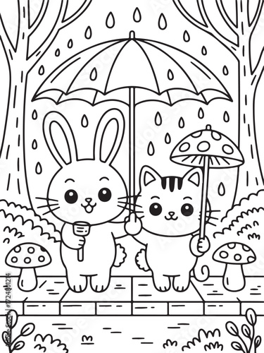 Cute Rainy Day Animals Coloring Page