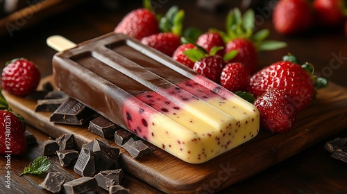 Refreshing Neapolitan popsicle with vivid layers of chocolate vanilla and strawberry partially melting on a wooden board next to fresh berries and chocolate pieces for garnish
