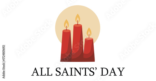 Stylized All Saints' Day illustration with three lit red candles on beige circular backdrop, symbolizing Christian remembrance and prayer