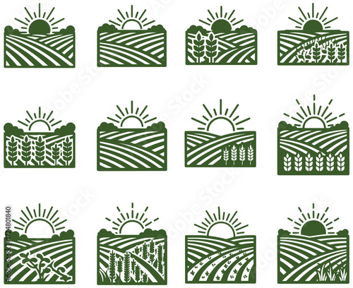 Set of delightful farmland icons with rising sun for organic agriculture concepts