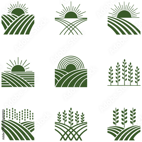 Green farmland sunrise logo collection showcases agriculture, nature, and growth themes