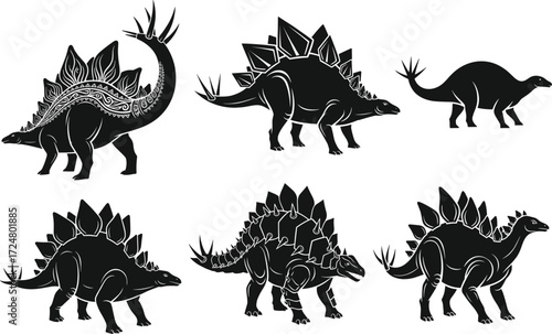 Black silhouette vector set of stegosaurus dinosaurs with decorative tribal patterns isolated on white background for prehistoric wildlife illustration design.