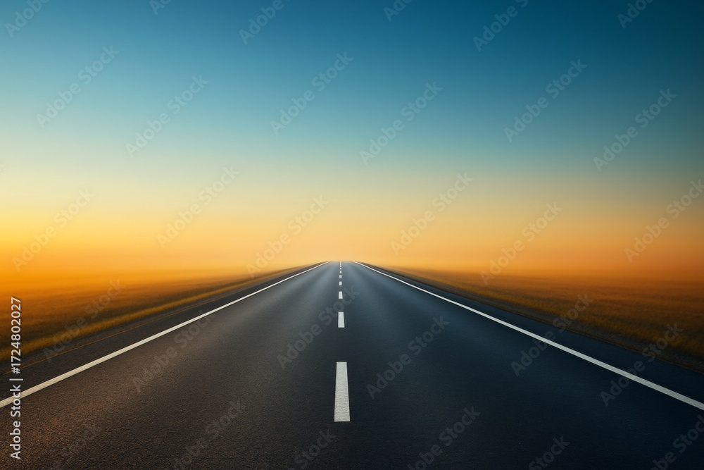 Naklejka premium Straight empty asphalt road stretching to the horizon with glowing light and clear sky, symbolizing journey, future, and open mind concept. Ai generative