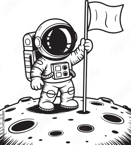 Astronaut Holding Flag Standing On Moon