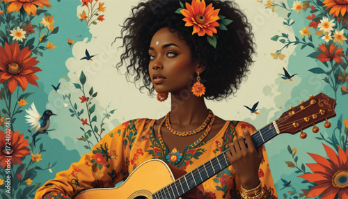 African American Woman with Musical Instrument Cultural Vector Art, Ai Generate 