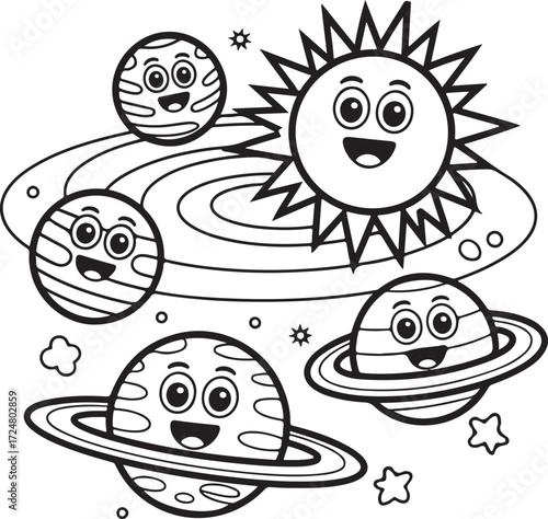 Cartoon Planets Solar System Smiling Faces